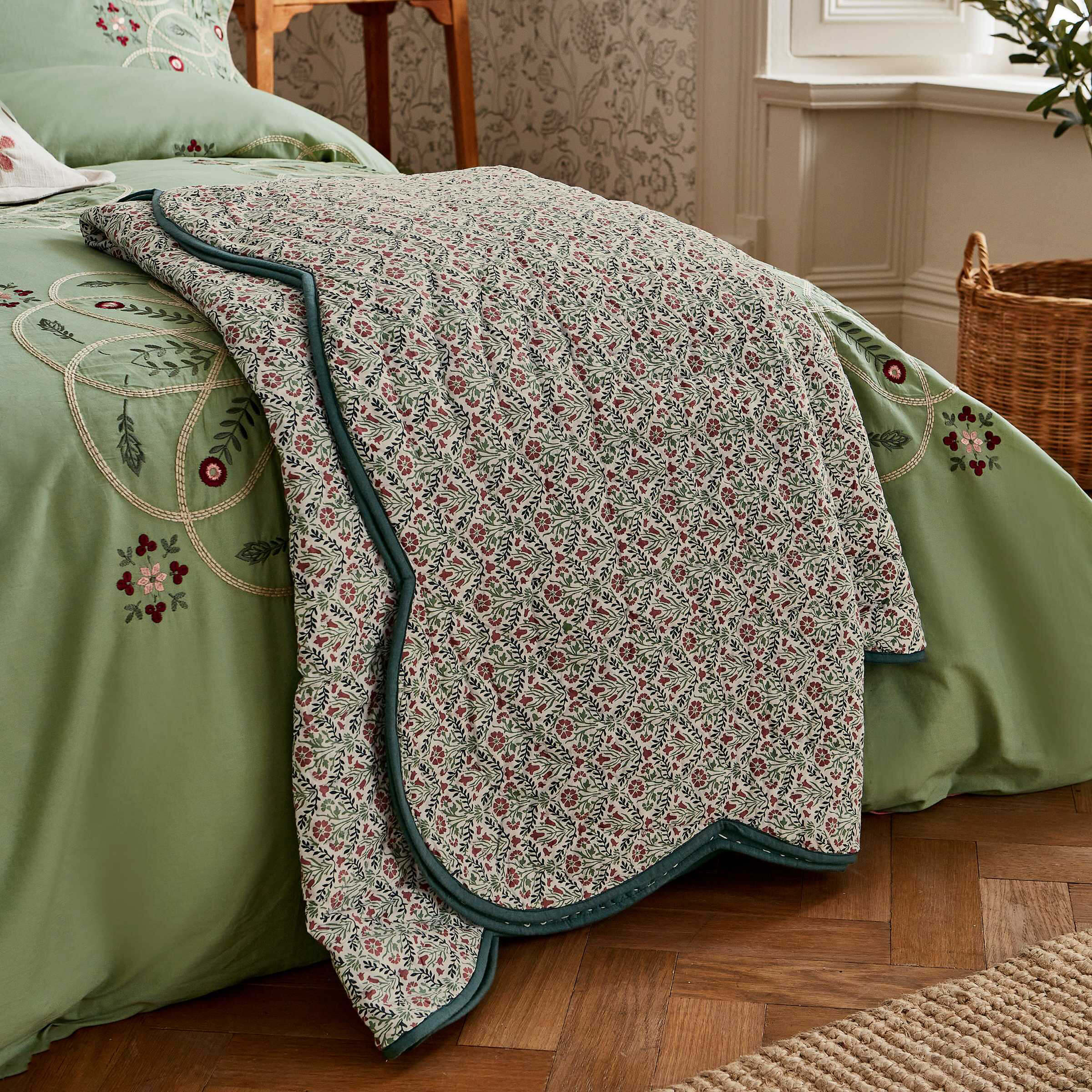 Product photograph of William Morris Brophy Embroidery Quilted Throw Green from Bedeck Home.