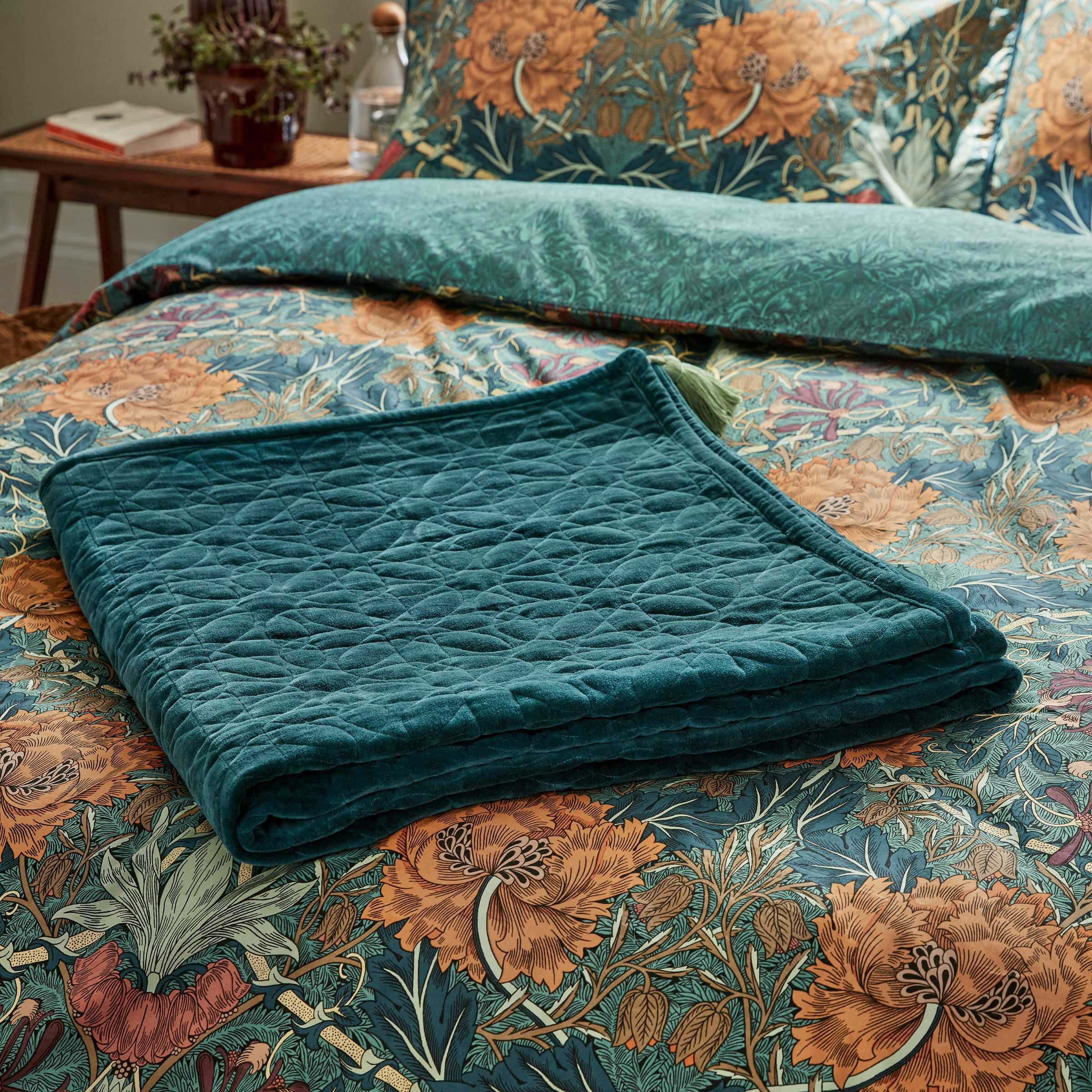 William Morris Honeysuckle Tulip Quilted Throw Teal Bedeck Home